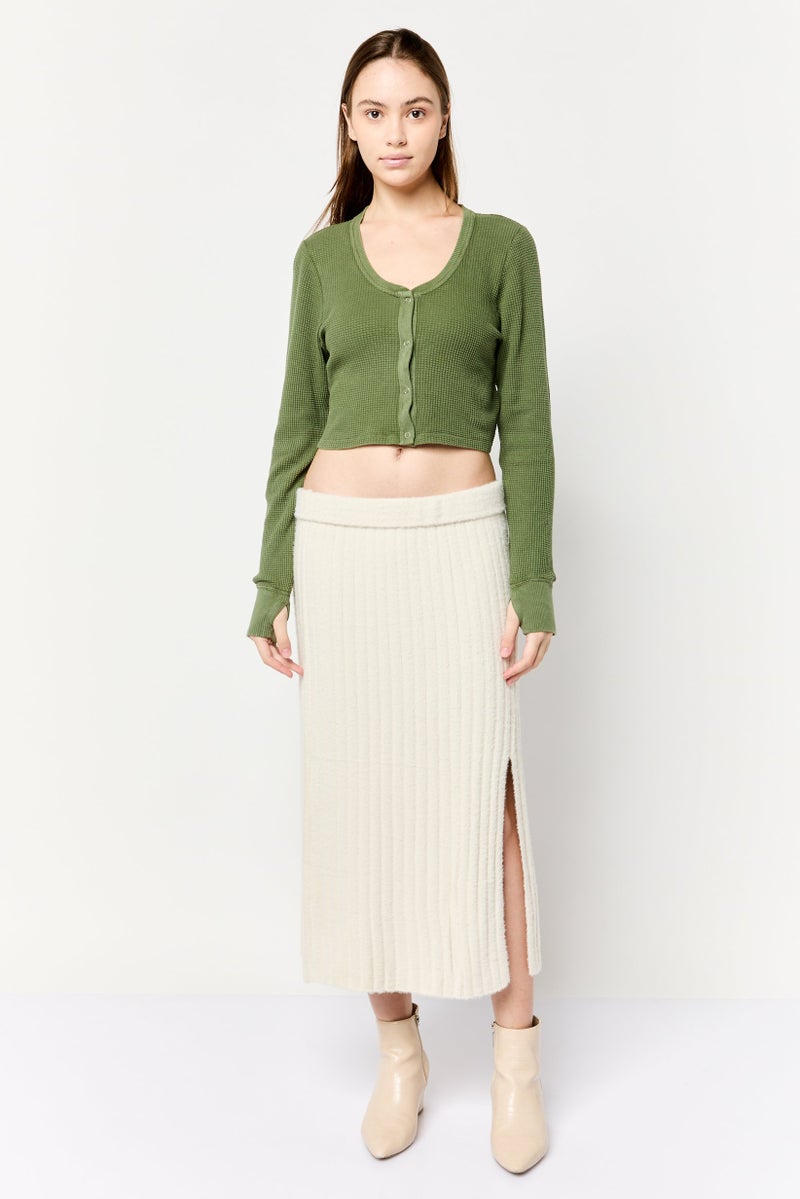 Aerie تي شيرت كروب مزخرف بأكمام طويلة وياقة دائرية للنساء من أوفلاين إكس إيريه، أخضر - Image 4